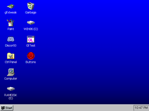 The default desktop of a fresh Windows 96 v0.1 installation.